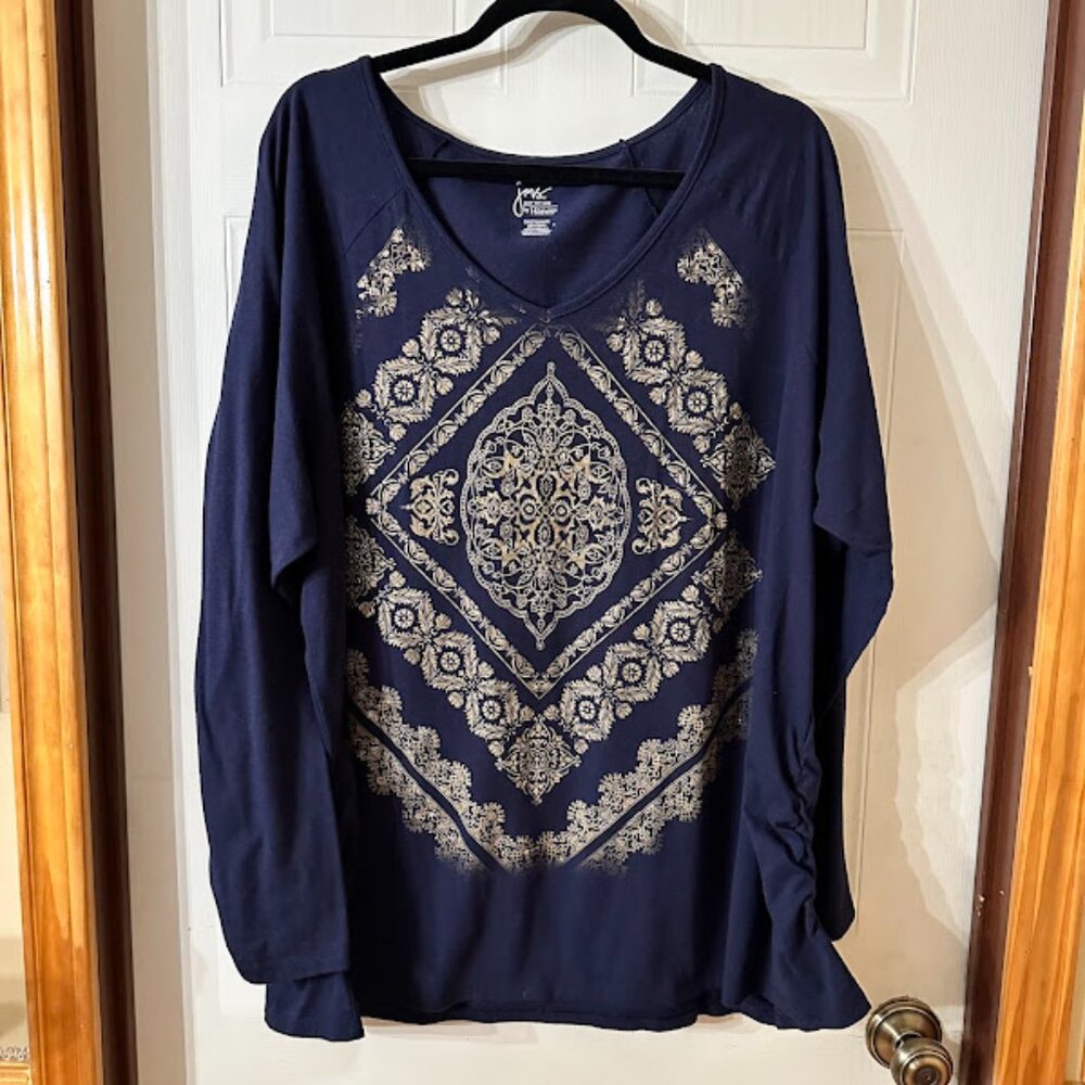 {Plus Size} Women's JMS Long Sleeve Blouse~ Navy with Gold Print~ Size 5X (A15)
